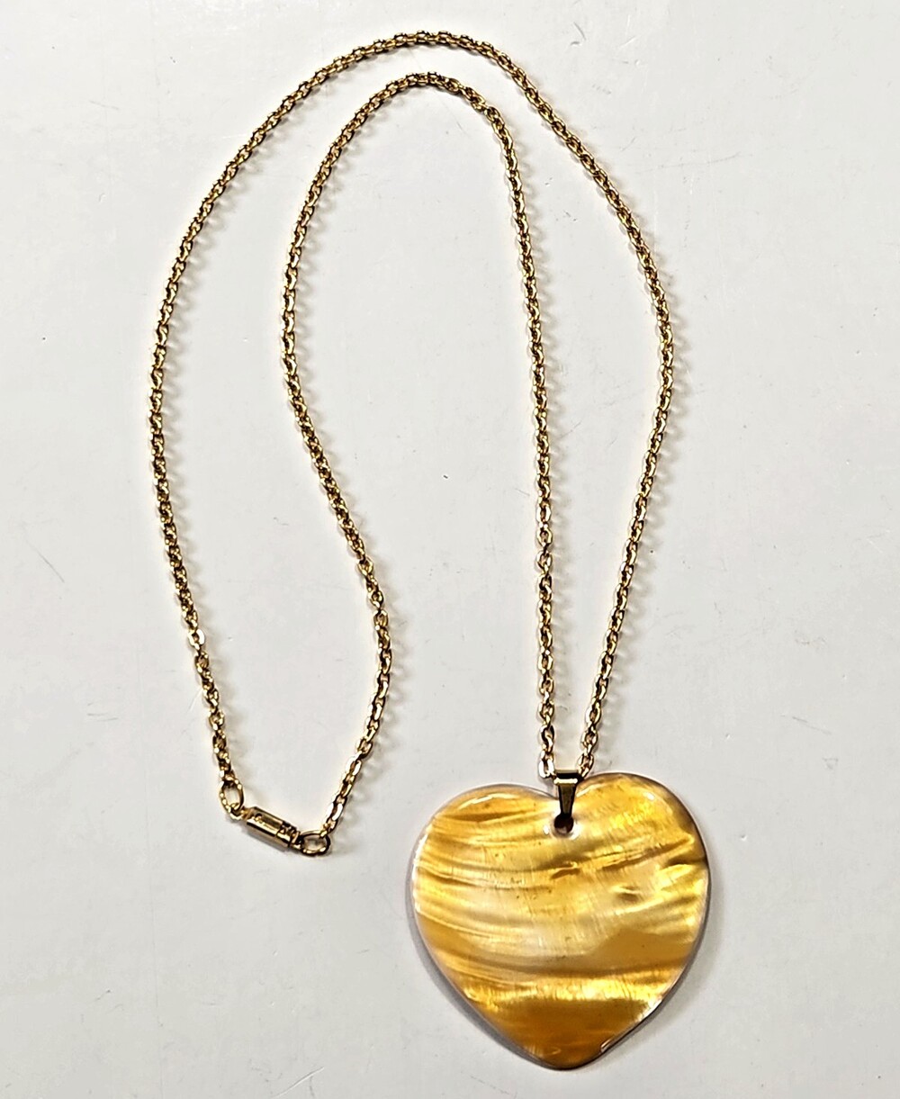 Freshwater Shell Heart-shaped Iridescent Golden Yellow Pendant Goldtone Chain